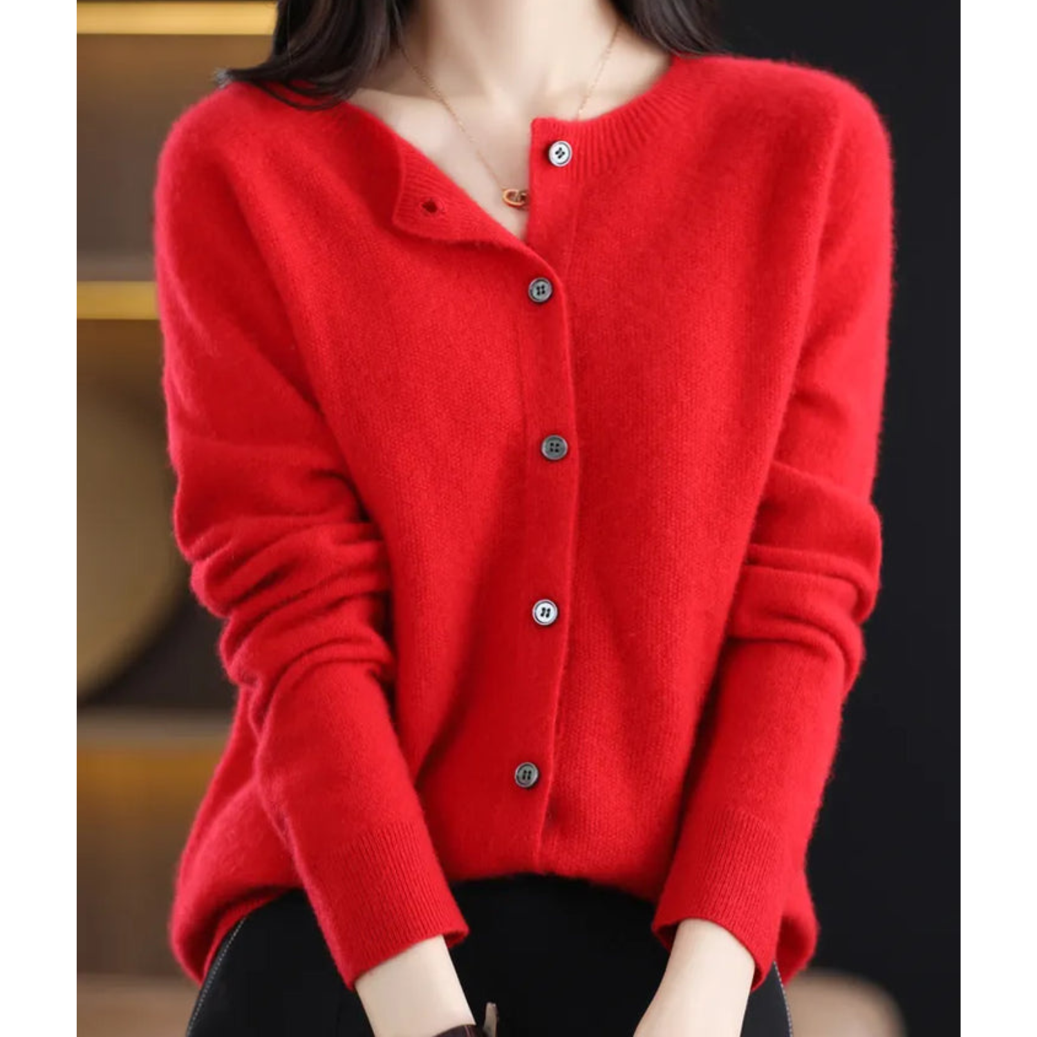Camille Merino Wool Cardigan – O-Neck Full-Button Lightweight Knit Sweater