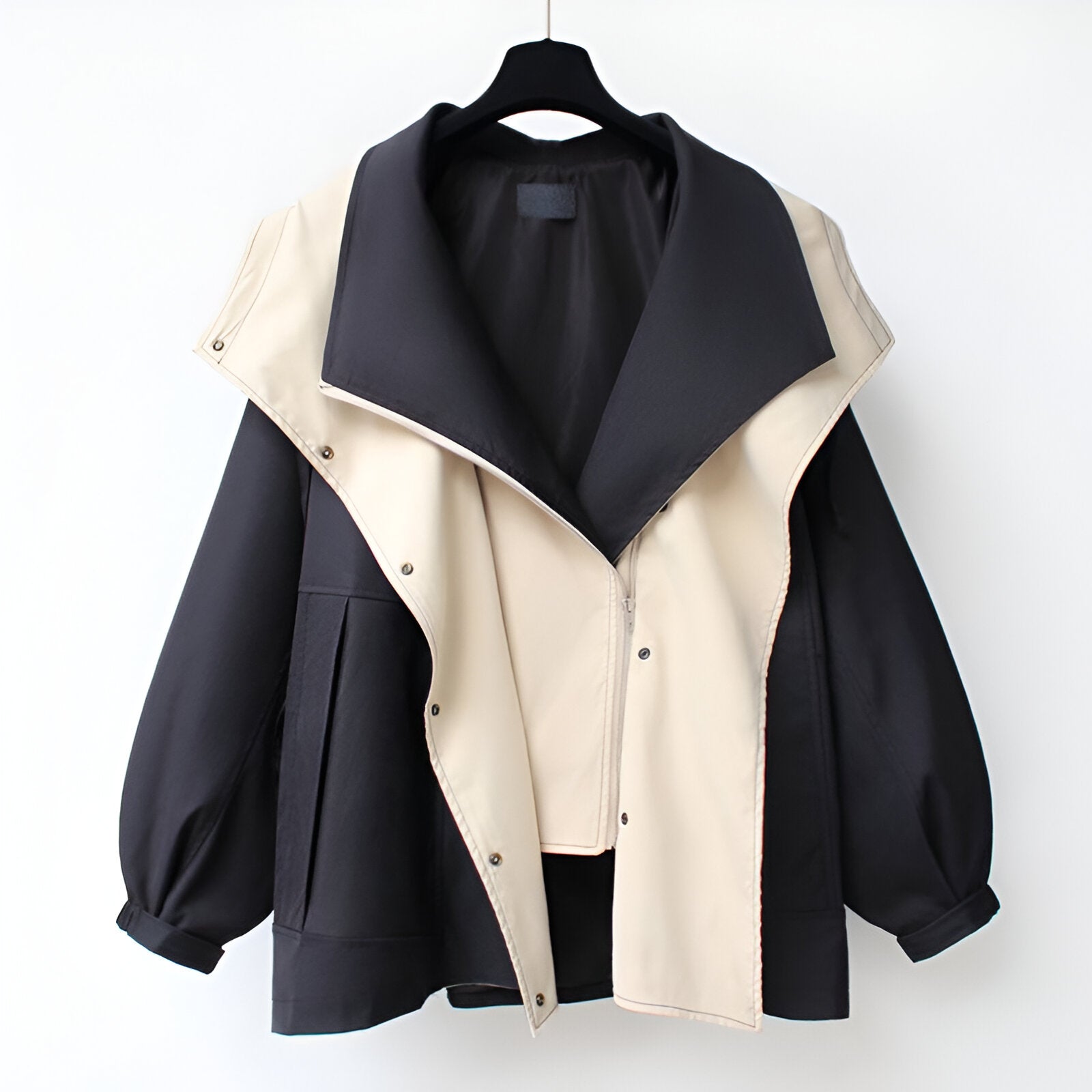 Carissa Double-Layer Windbreaker Jacket – Oversized Drawcord Elastic-Cuff Coat