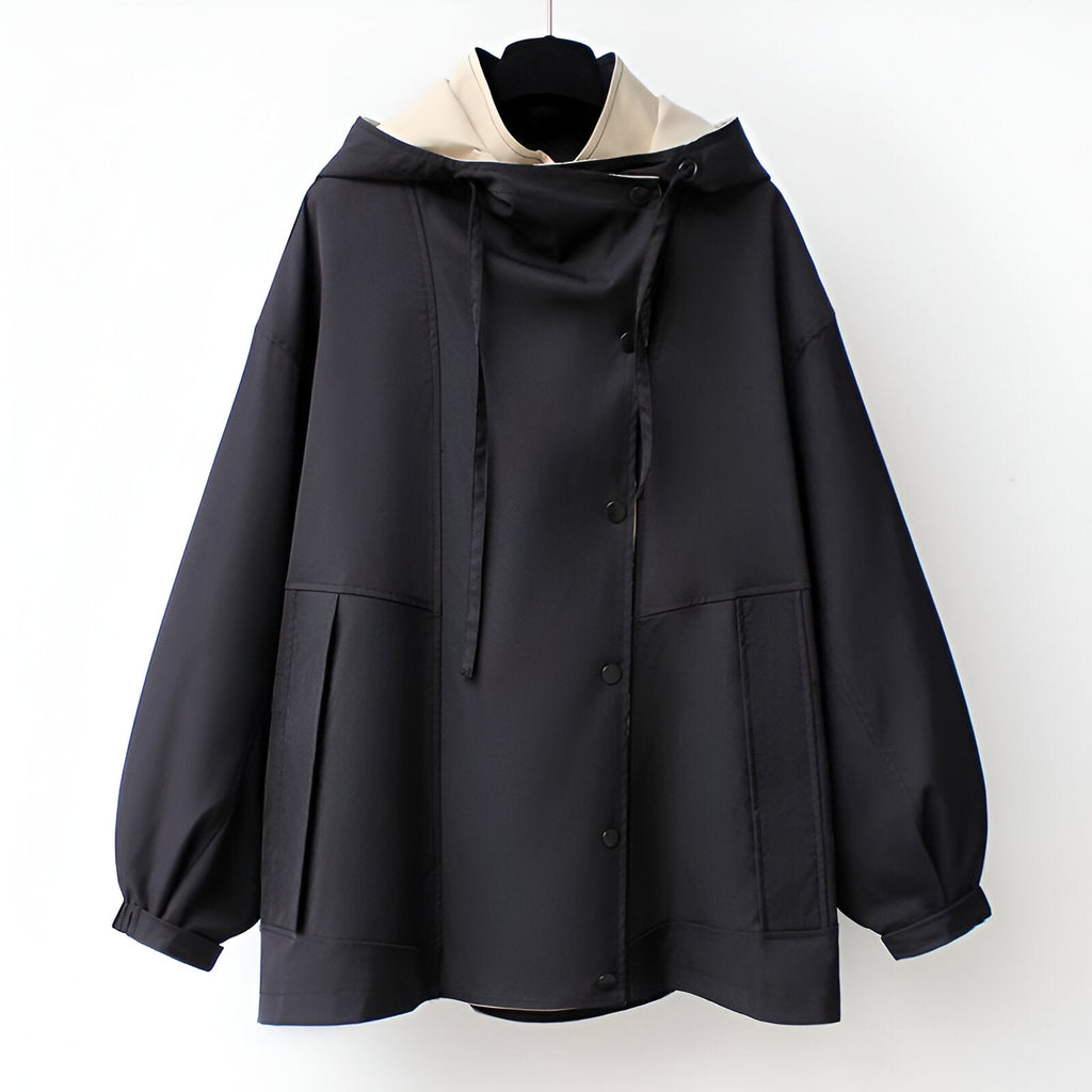 Carissa Double-Layer Windbreaker Jacket – Oversized Drawcord Elastic-Cuff Coat