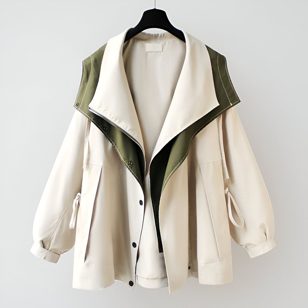 Carissa Double-Layer Windbreaker Jacket – Oversized Drawcord Elastic-Cuff Coat
