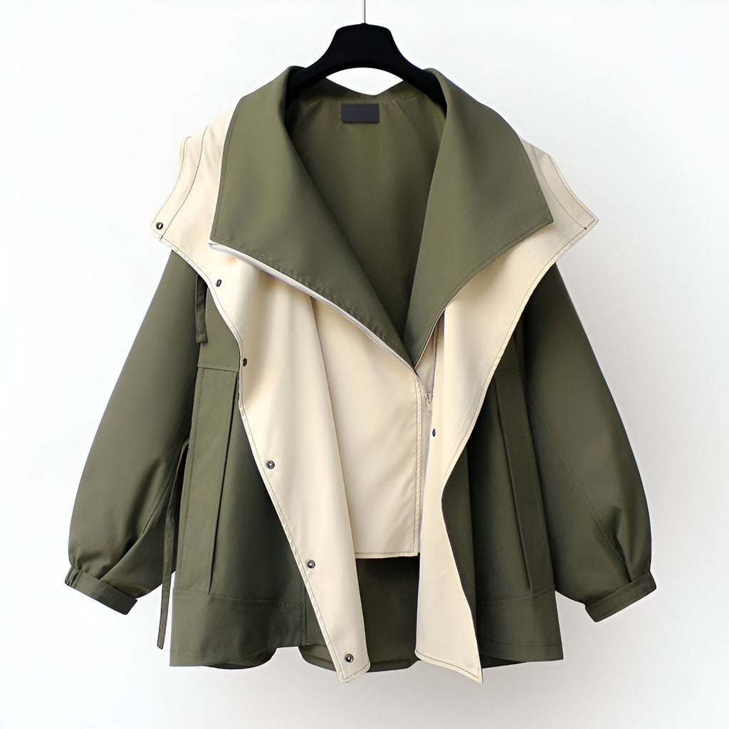 Carissa Double-Layer Windbreaker Jacket – Oversized Drawcord Elastic-Cuff Coat