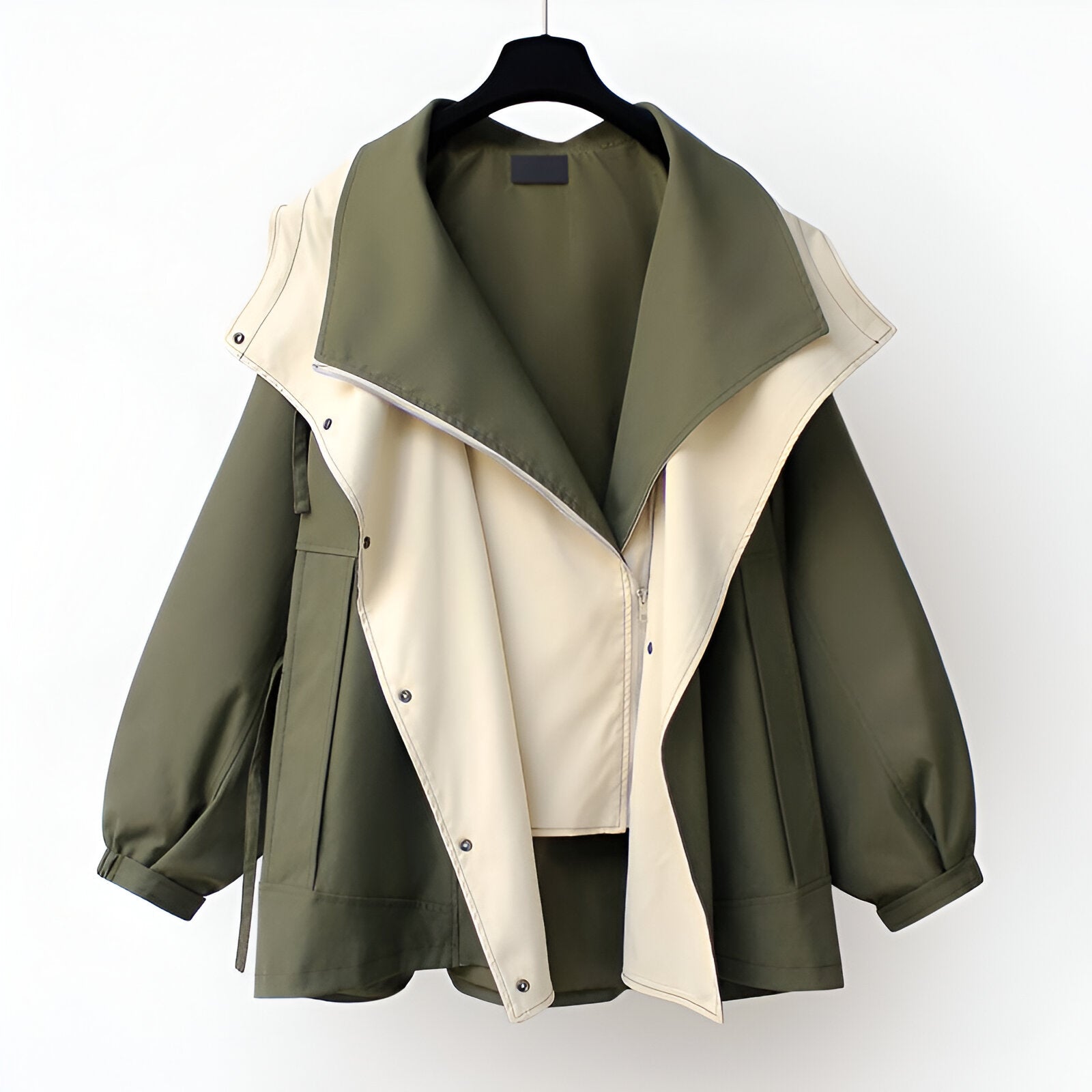 Carissa Double-Layer Windbreaker Jacket – Oversized Drawcord Elastic-Cuff Coat