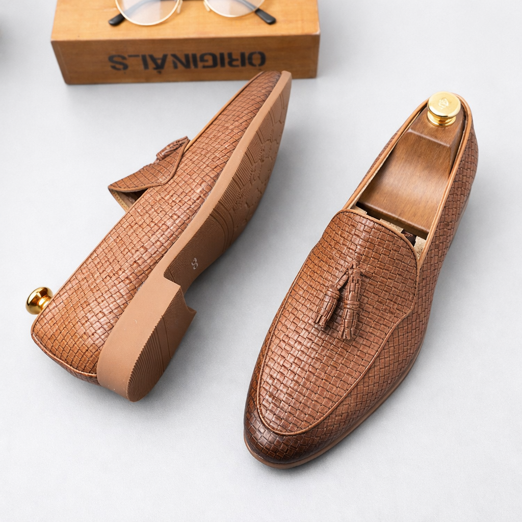 Overhead view of brown woven leather tassel loafers with wooden shoe trees, styled beside a branded shoebox lid.