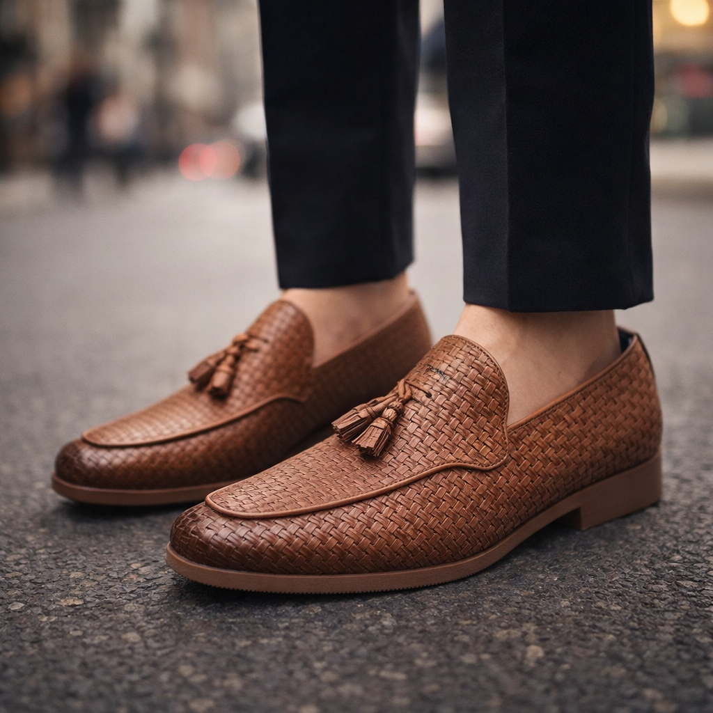 Close-up of a model's feet wearing brown woven leather tassel loafers while walking on a city street.