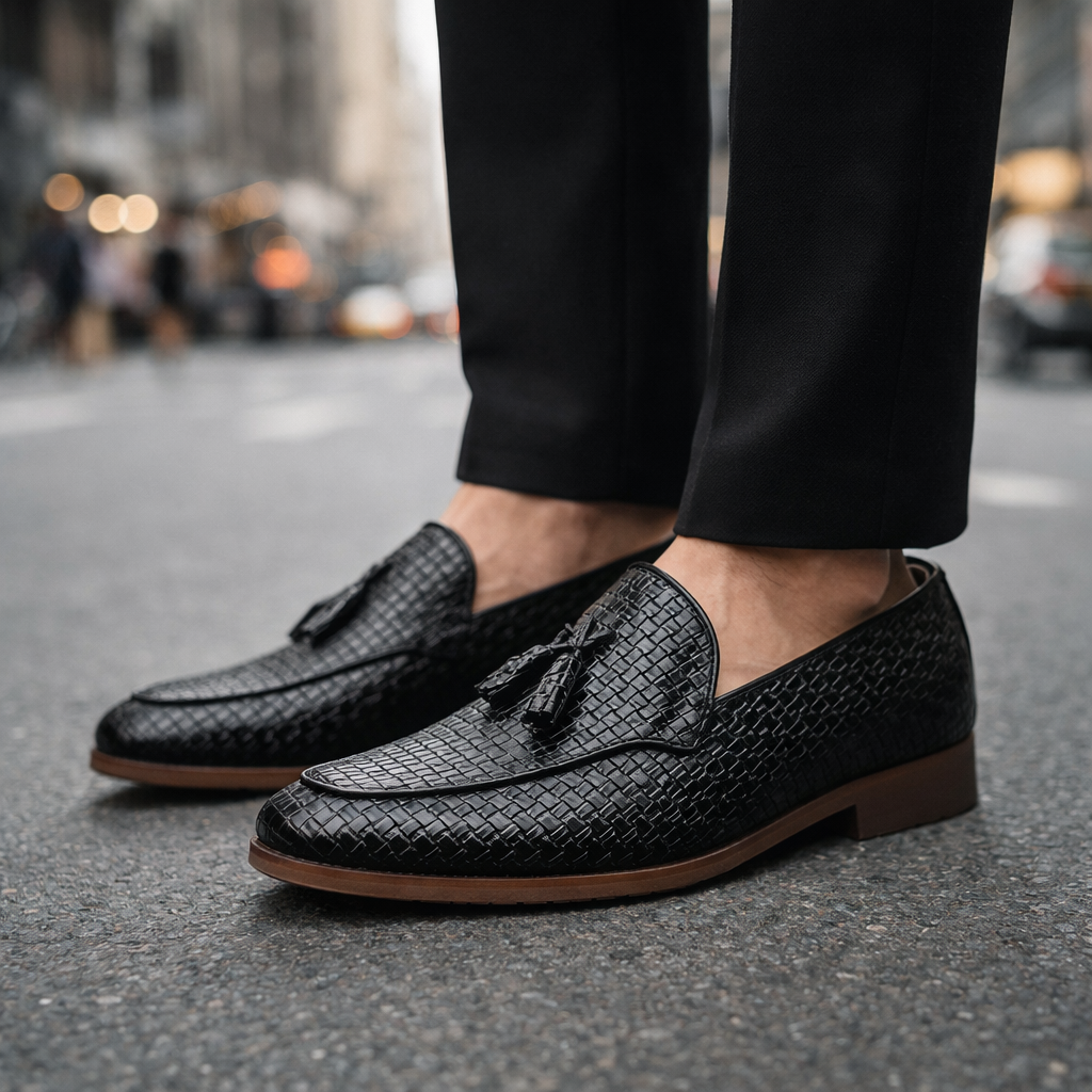 Close-up of a model's feet wearing black woven leather tassel loafers while standing on a city street in the evening.