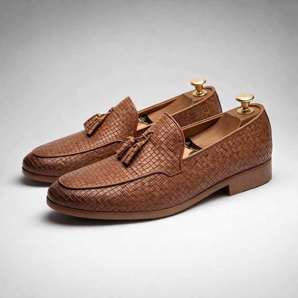 Pair of brown woven leather tassel loafers with wooden shoe trees inside, studio product shot on a light gray background.