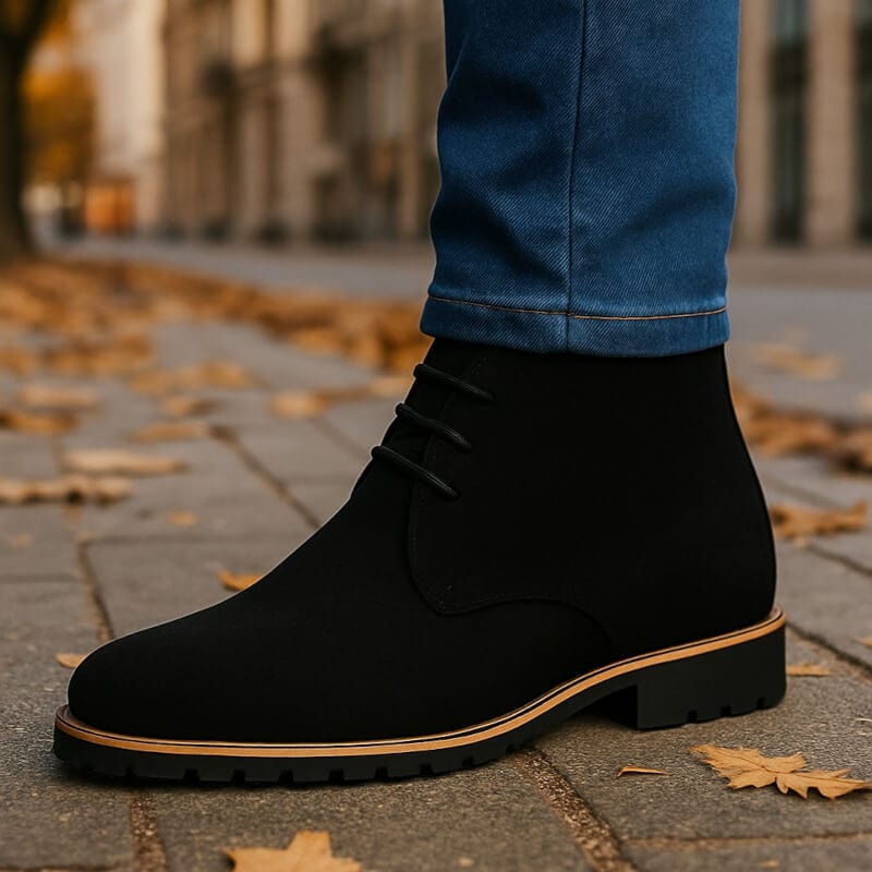 Black suede chukka boots with lace-up closure and rugged rubber outsole, worn with blue jeans on a city sidewalk.