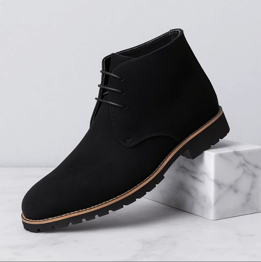 Black suede chukka boots with lace-up design and durable rubber outsole displayed on a white marble pedestal.