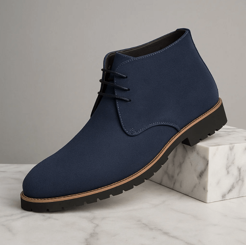 Navy suede chukka boots with lace-up design, cushioned footbed, and rugged rubber outsole displayed on a white marble pedestal.