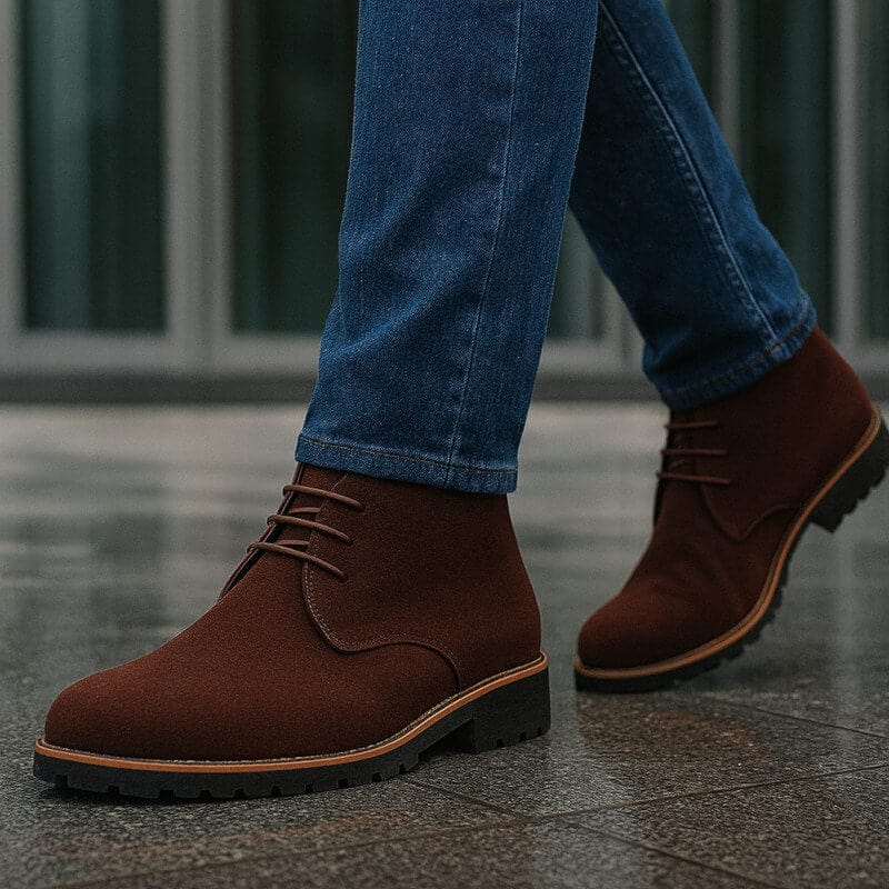 Brown suede chukka boots with lace-up closure and rugged rubber outsole, worn with blue jeans in an outdoor urban setting.