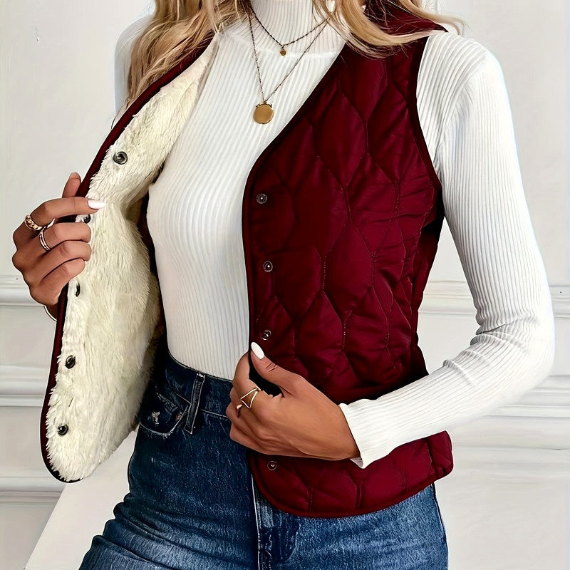 Woman wearing a red quilted puffer vest with a stand collar, snap-button front, and diamond quilted pattern layered over a white sweater.