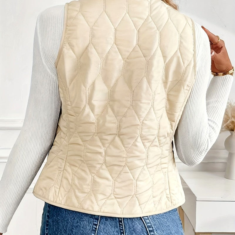 Back view of a women's off-white quilted puffer vest with a sleeveless silhouette and diamond quilted design.