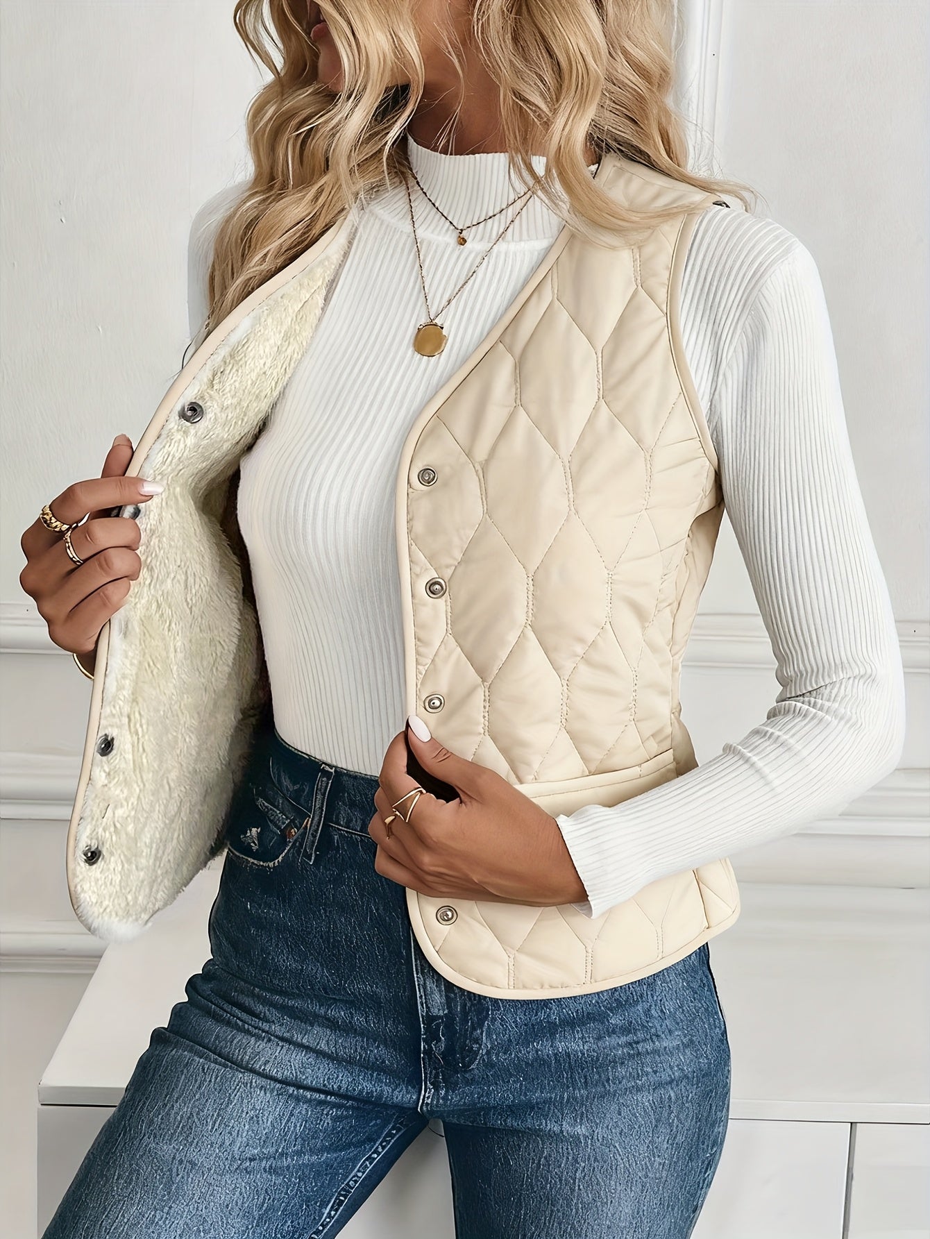 Woman wearing a off-white quilted puffer vest with a stand collar, snap-button front, and side pockets layered over a white ribbed turtleneck sweater and blue jeans.