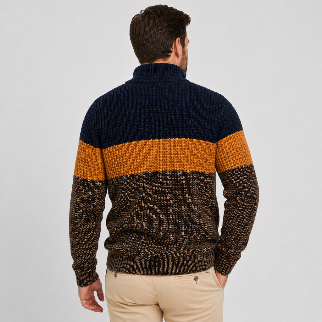 Chunky knit quarter-zip sweater featuring navy, ochre, and brown colorblock stripes with a ribbed stand collar.