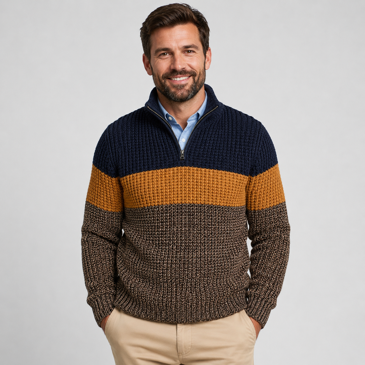 Chunky knit quarter-zip sweater with navy, ochre, and brown colorblock stripes, featuring a stand collar and ribbed trim.