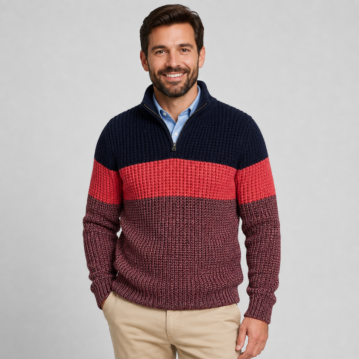 Chunky knit quarter-zip sweater with navy, red, and burgundy colorblock stripes, worn over a light blue collared shirt.