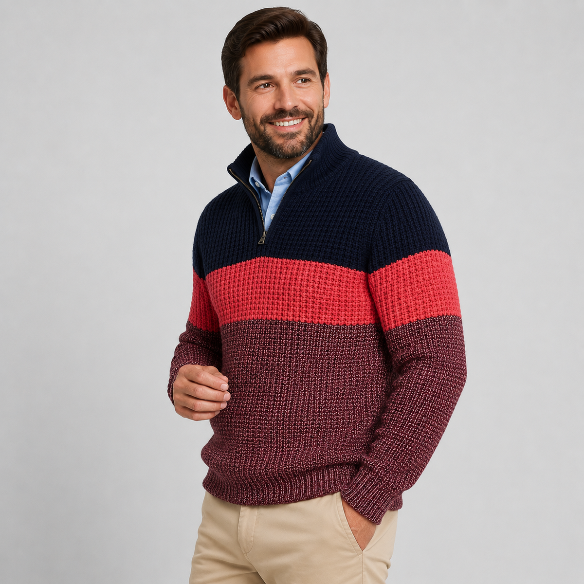 Chunky knit quarter-zip sweater with navy, red, and burgundy colorblock stripes, worn over a light blue collared shirt.