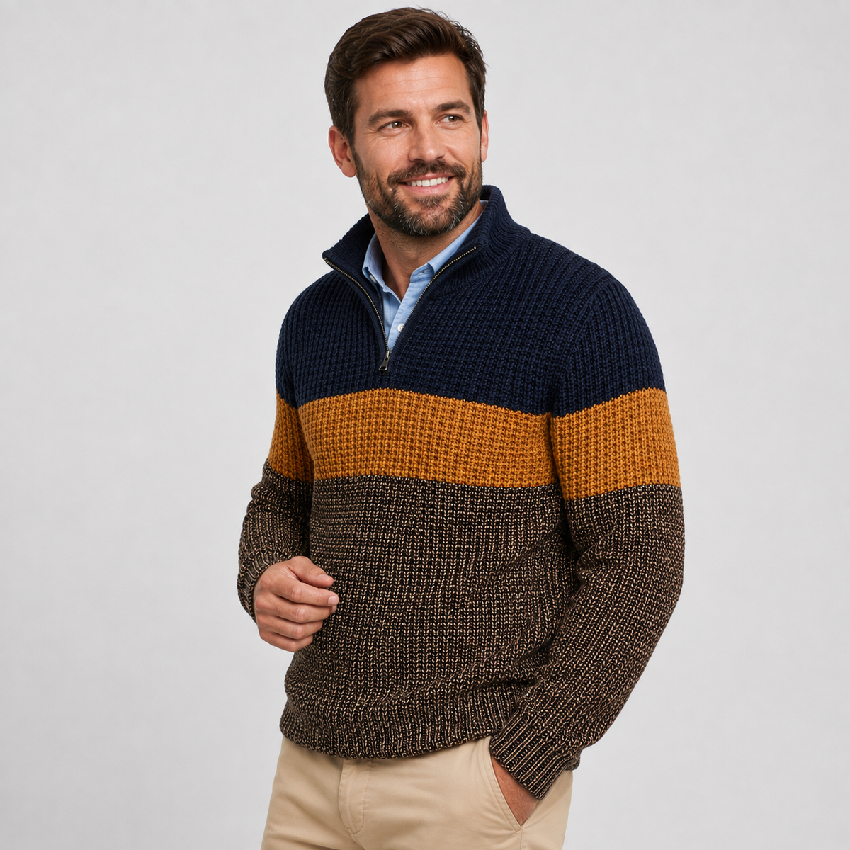Chunky knit quarter-zip sweater with navy, ochre, and brown colorblock stripes, layered over a light blue collared shirt.