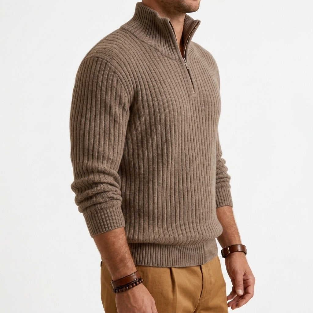 Taupe chunky ribbed quarter-zip sweater in heavyweight knit with a high stand collar and metal zipper.