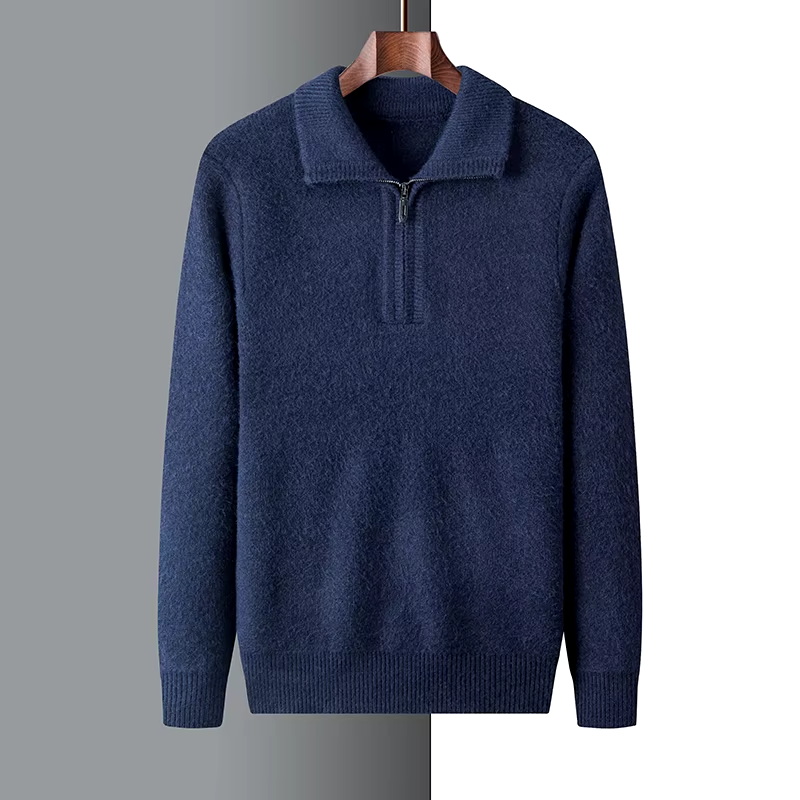 Navy blue mid-weight knit quarter-zip sweater with a ribbed polo collar, cuffs, and hem on a wooden hanger.