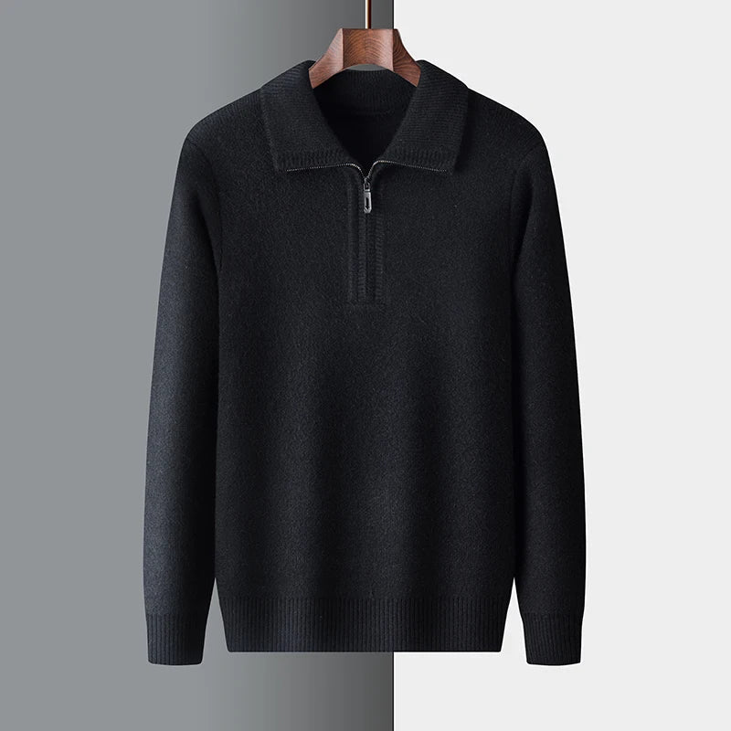 Black mid-weight knit quarter-zip sweater with a ribbed polo collar, cuffs, and hem, displayed on a wooden hanger.
