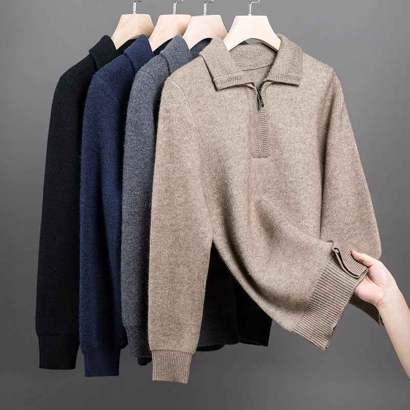 Mid-weight marled knit quarter-zip sweaters with polo collars and ribbed cuffs in beige, grey, blue, and black.
