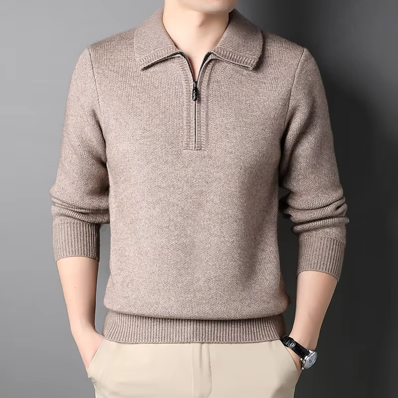 Taupe marled knit quarter-zip sweater with a ribbed polo collar, cuffs, and hem in a regular fit.