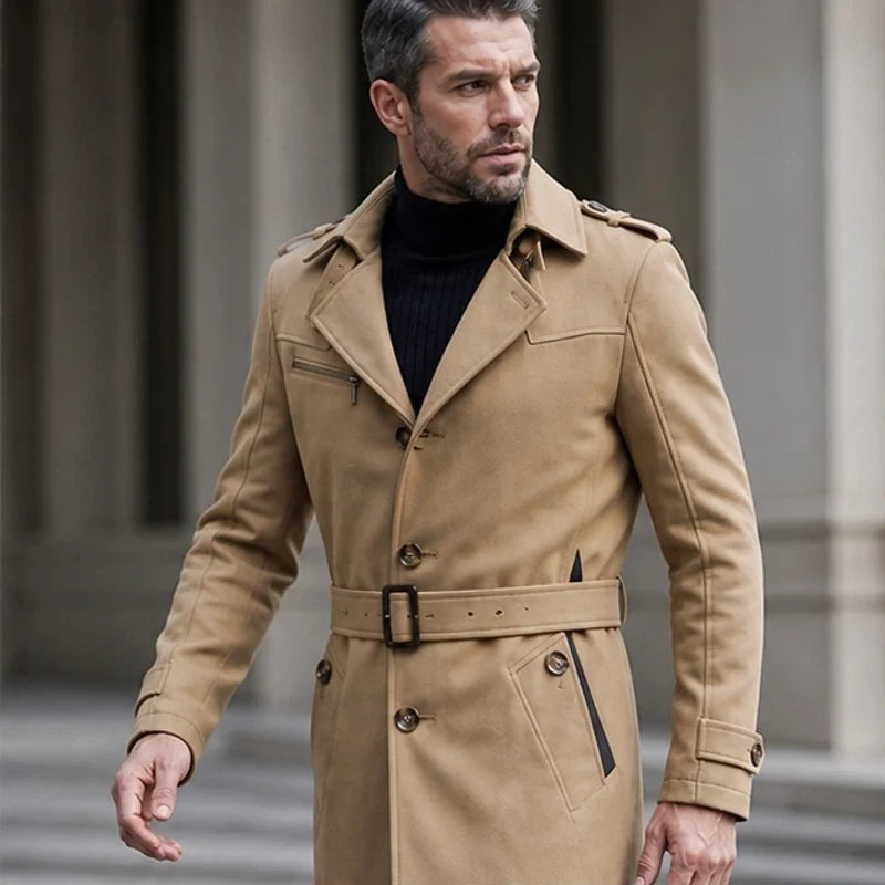 Tan cotton blend trench coat with a belted waist, notched lapels, shoulder epaulettes, and a zip chest pocket.