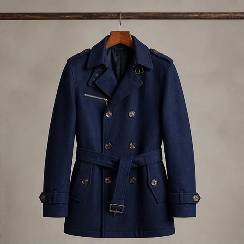 Navy blue cotton-blend trench coat featuring a belted waist, double-breasted button front, and zip chest pocket.