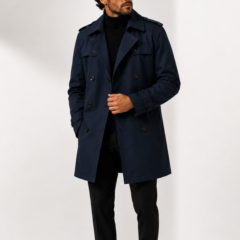 Navy blue mid-length double-breasted trench coat with structured lapels, shoulder epaulettes, and buttoned cuffs.
