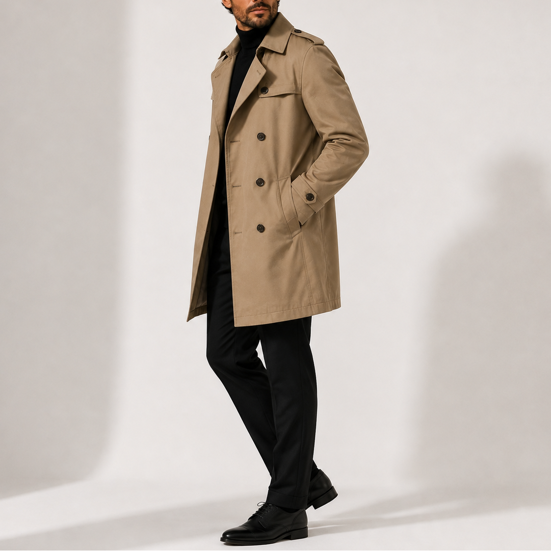 Beige mid-length trench coat with a double-breasted front, structured lapels, and epaulettes worn over a black turtleneck.