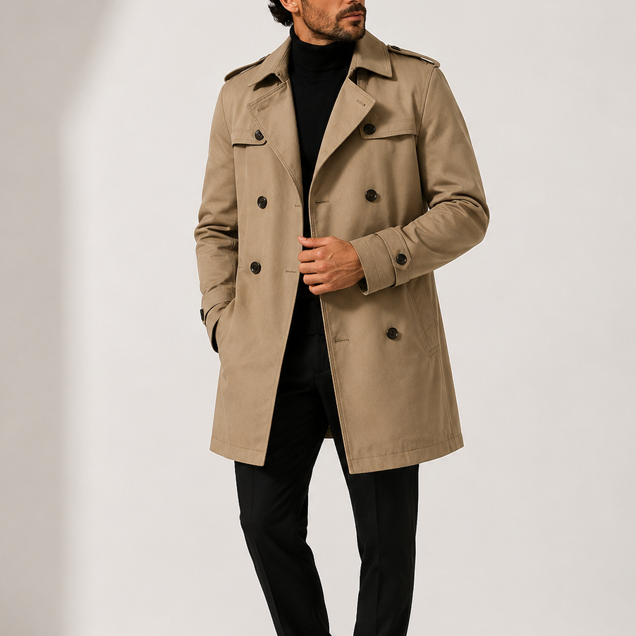 Beige mid-length double-breasted trench coat with shoulder epaulettes, lapel collar, and adjustable cuff straps.
