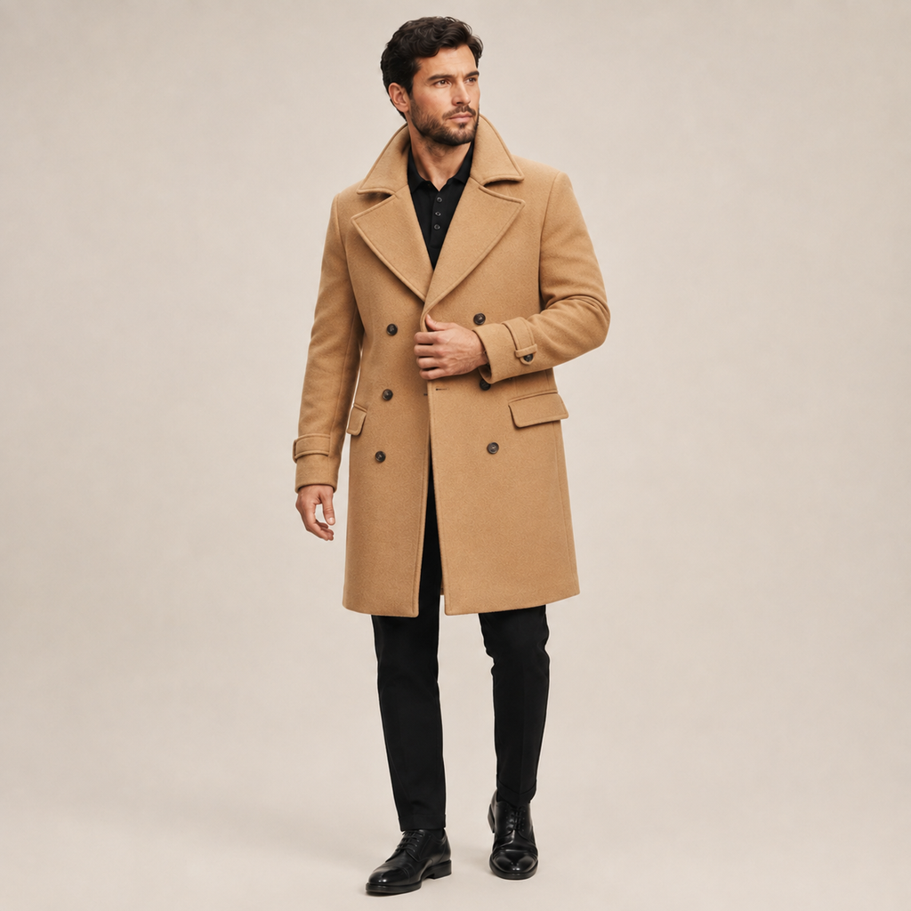 Camel wool-blend double-breasted overcoat with notched lapels, structured shoulders, and tailored fit over black attire.