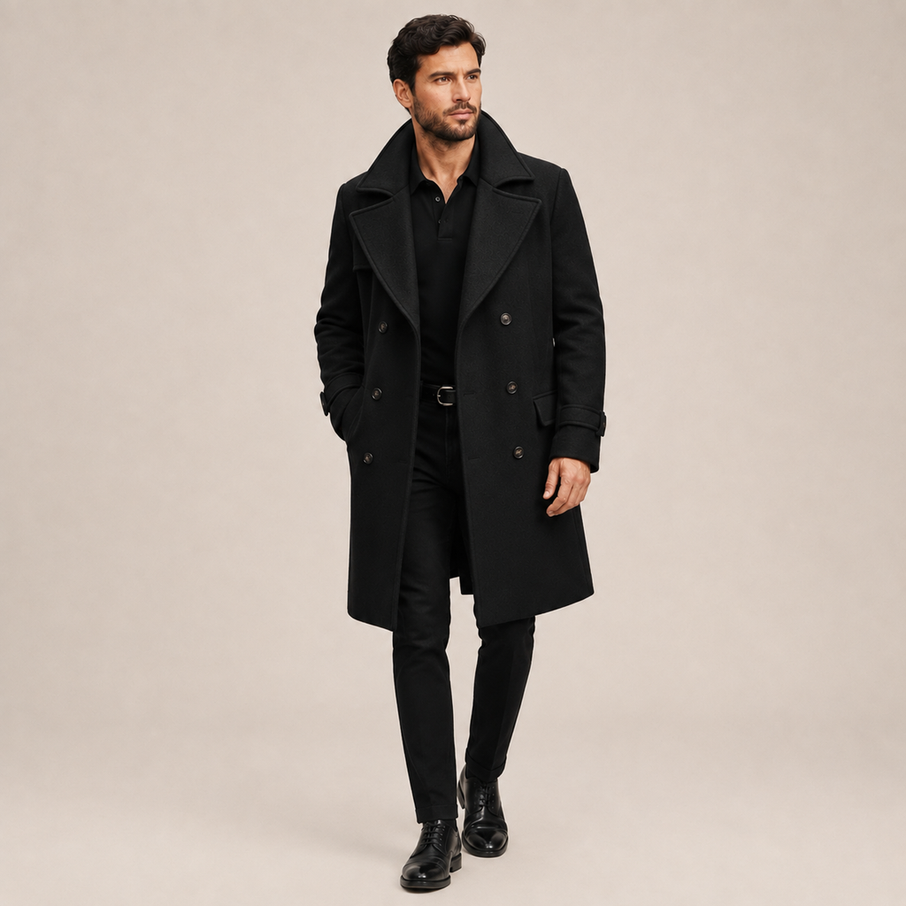 Black wool-blend double-breasted overcoat with wide notched lapels and a structured, tailored officer-inspired fit.