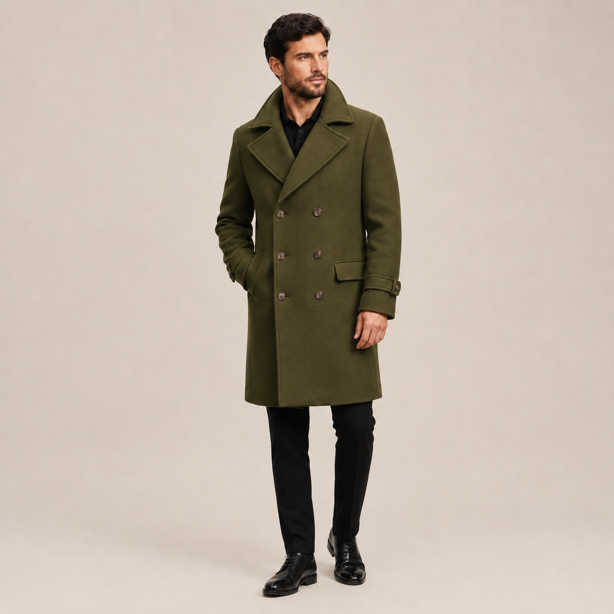 Olive green wool-blend double-breasted overcoat with notched lapels and a structured, tailored officer-inspired fit.