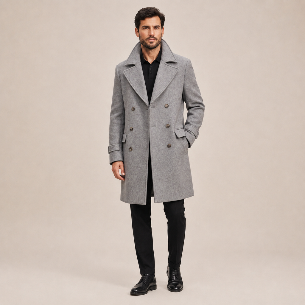 Gray wool-blend double-breasted overcoat with wide notched lapels and structured shoulders worn over a black polo.