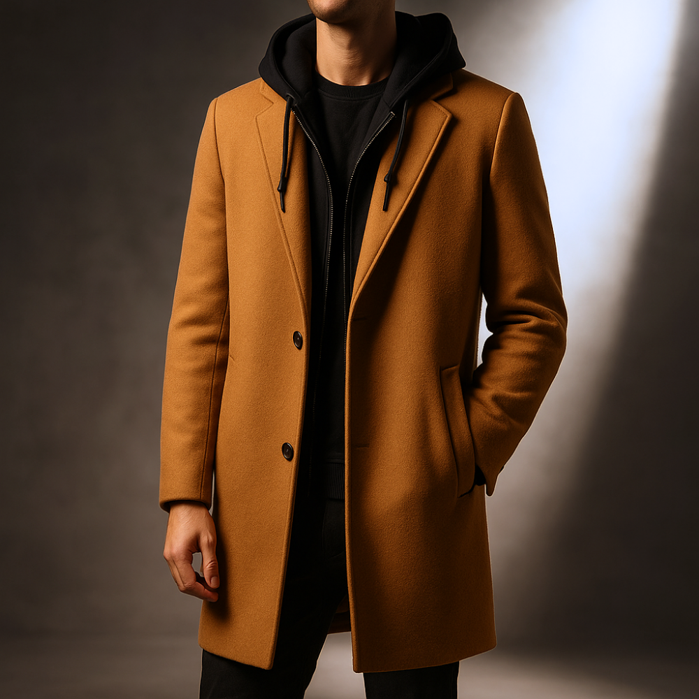 Tan wool-blend overcoat with a tailored silhouette, featuring a black hooded zip-up layer and side pockets.