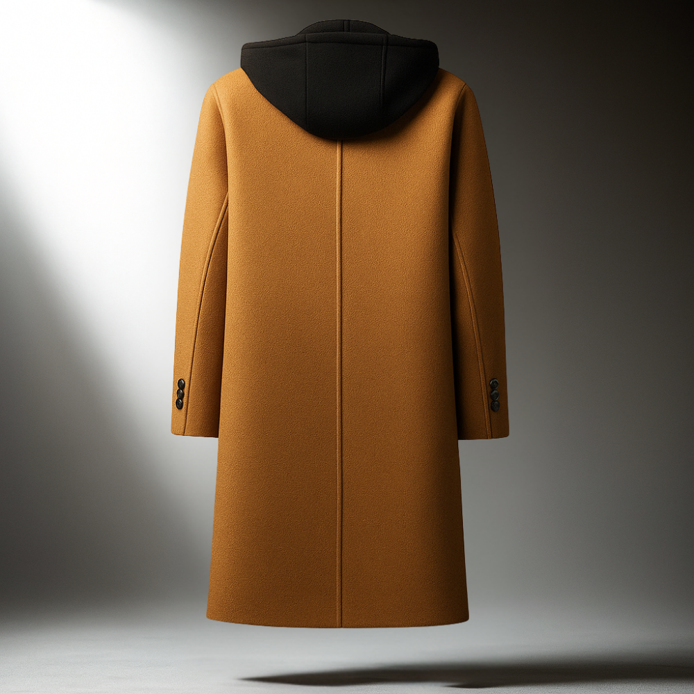 Tan wool-blend overcoat with a contrasting black hood and a structured, tailored silhouette shown from the back.