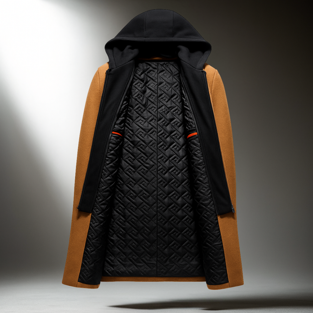 Camel wool-blend overcoat featuring a black hooded zip-front insert and a geometric quilted interior lining.