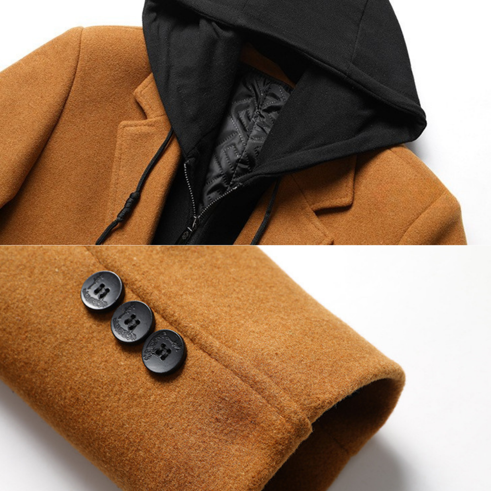 Camel wool-blend overcoat featuring a black hooded zip-up insert and three-button cuff detail.