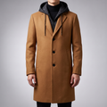 Camel wool-blend overcoat with a black quilted hood, full-zip front, and tailored silhouette on a neutral background.