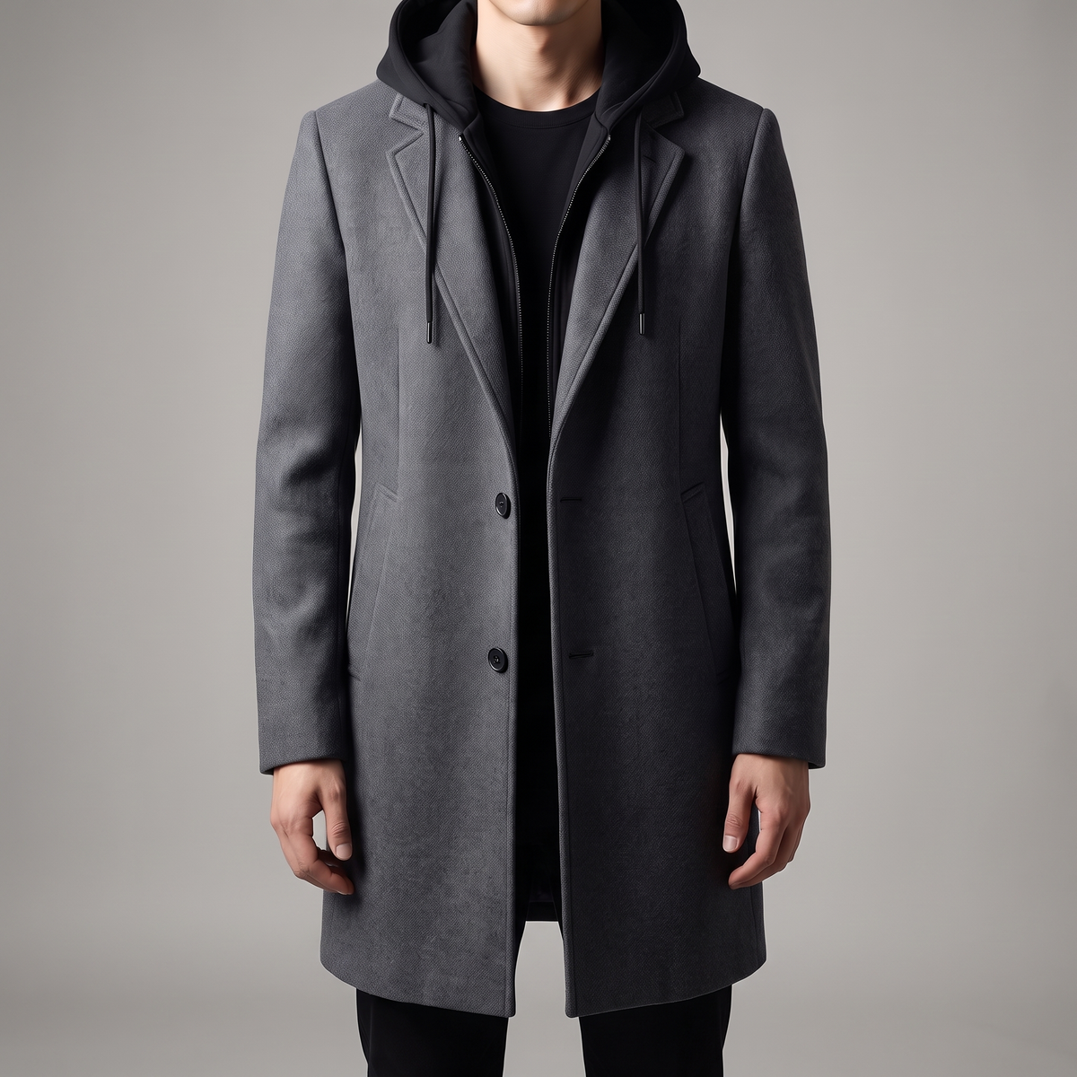 Charcoal gray wool-blend overcoat featuring a tailored silhouette, integrated black hood, and full-zip front closure.