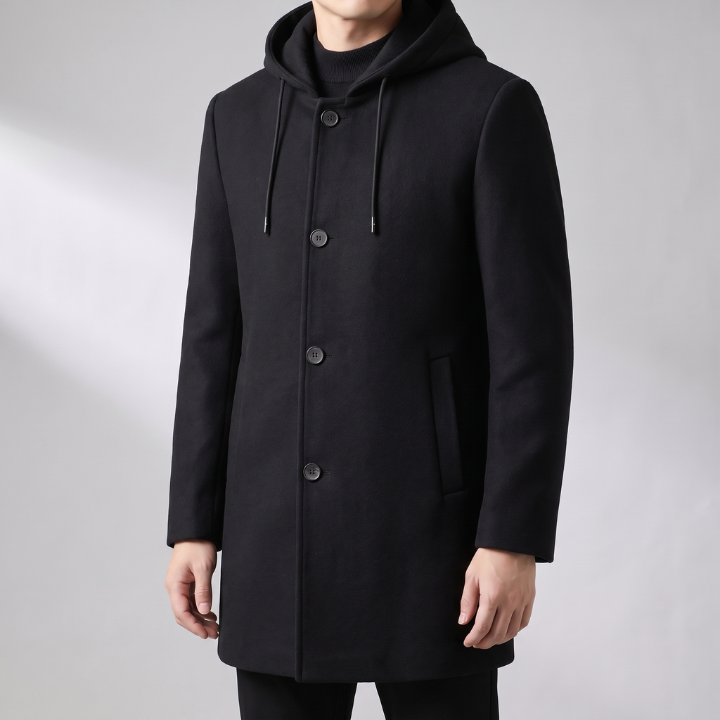 Black wool-blend overcoat with a tailored silhouette, integrated hood, and button-front closure on a neutral background.