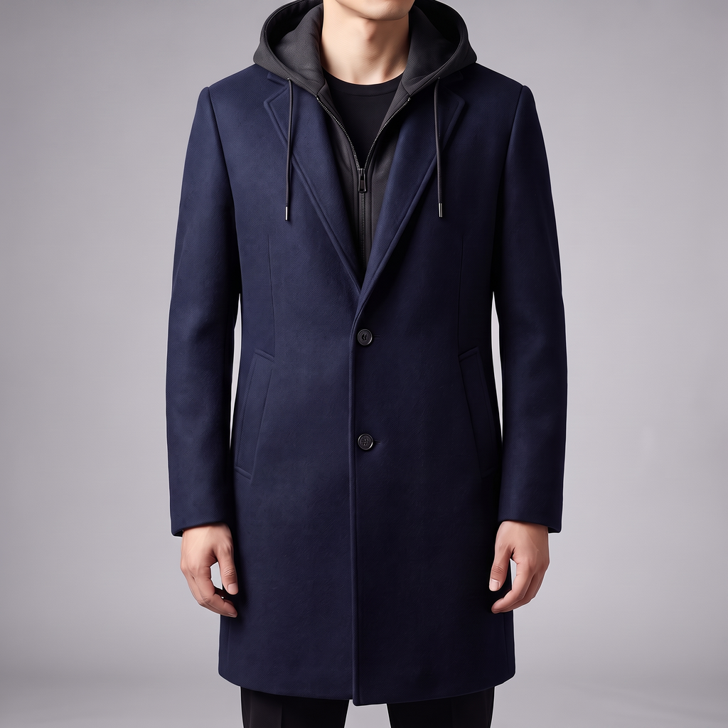 Navy wool-blend overcoat featuring a tailored silhouette, integrated hood, and a functional full-zip front closure.