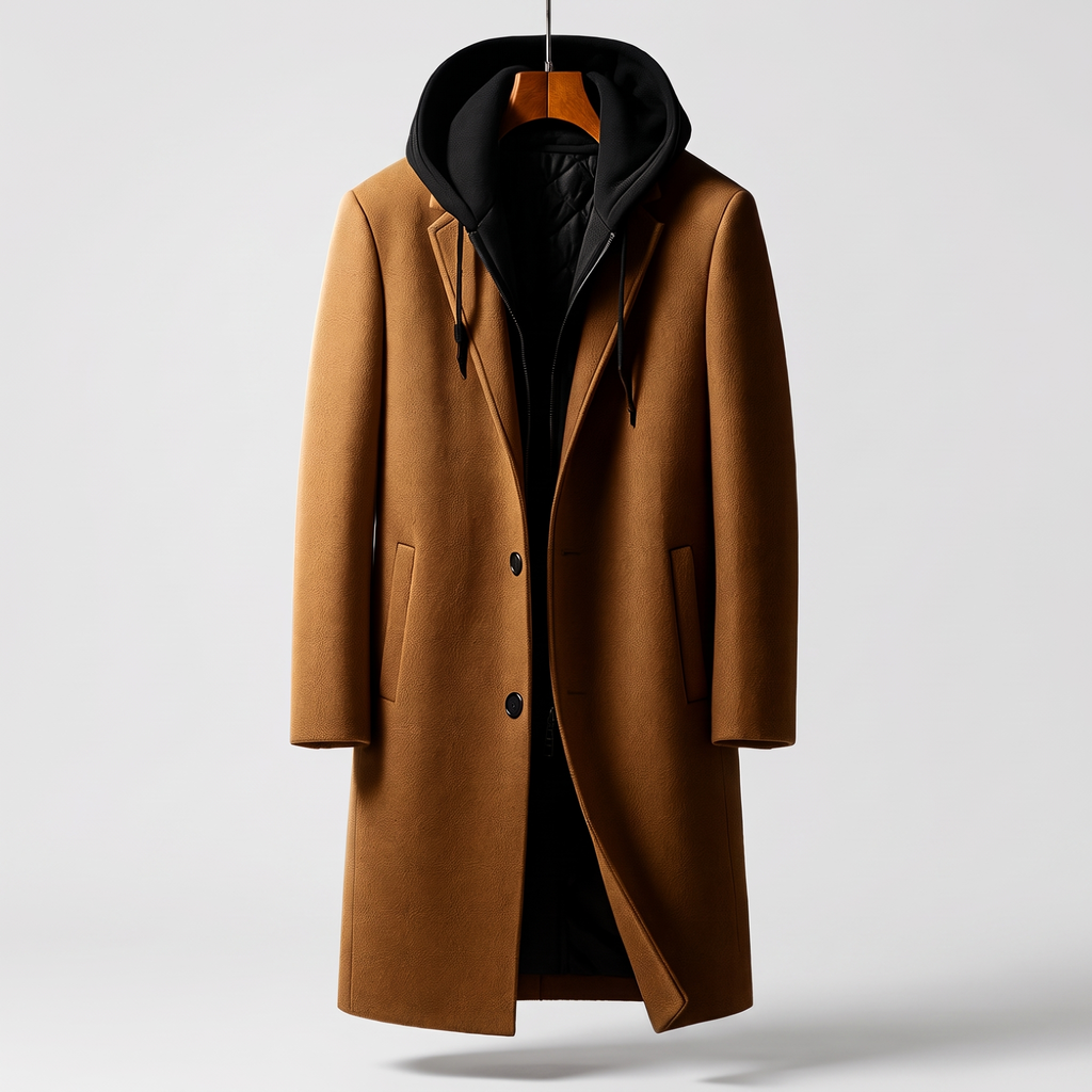 Camel wool-blend overcoat with a black built-in hood, full-zip front, and tailored silhouette hanging on a hanger.