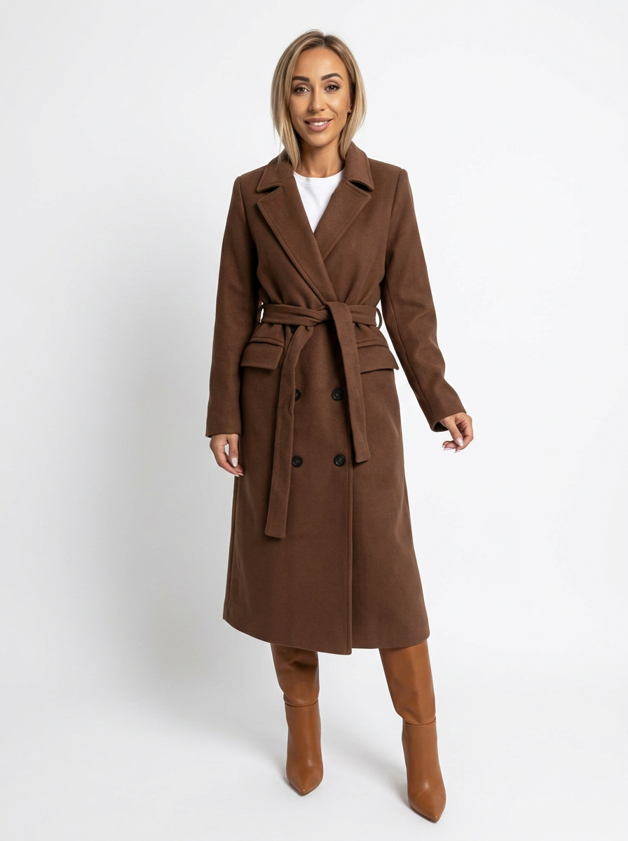 Brown wool-blend longline trench coat with a double-breasted front, notched lapels, and a belted waist.