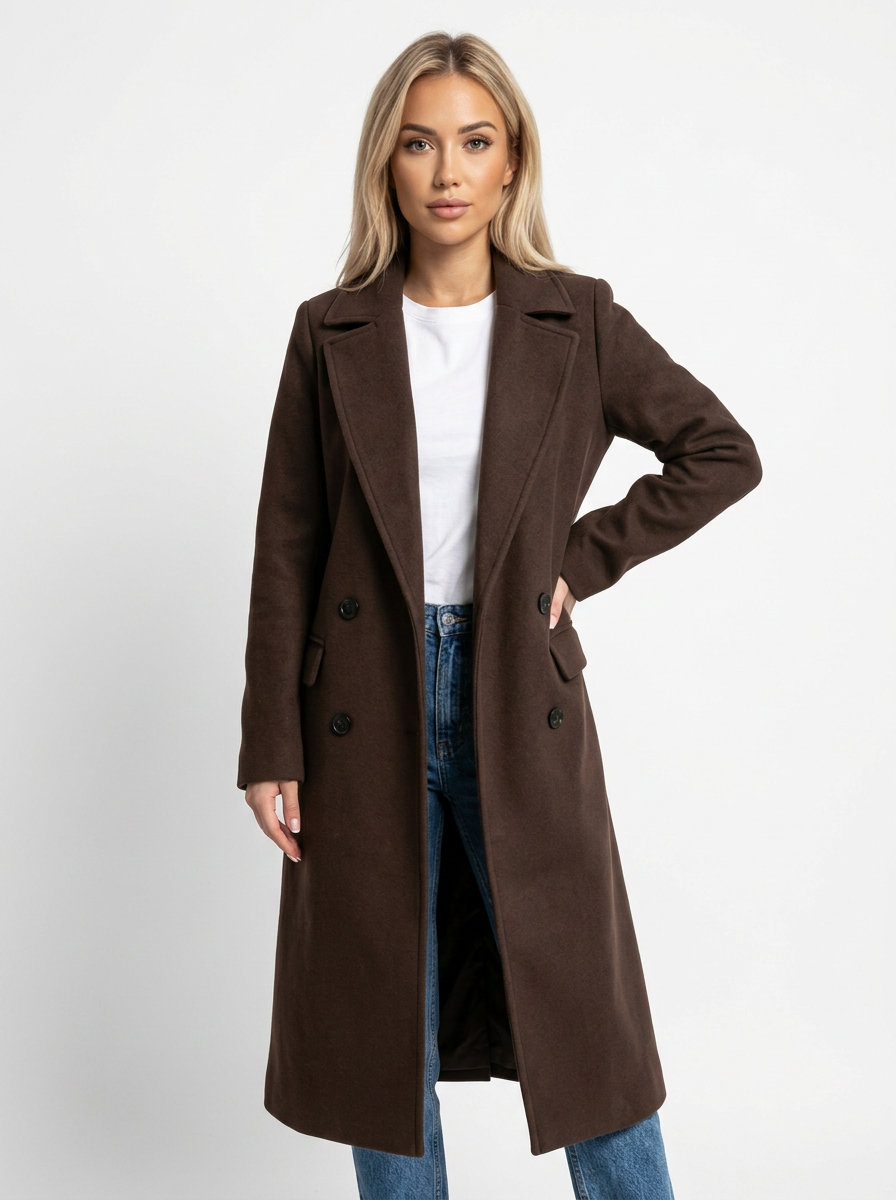 Dark brown wool-blend longline trench coat with a double-breasted front, notched lapels, and a structured tailored fit.