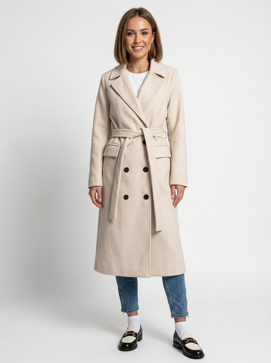 Beige wool-blend longline trench coat with a double-breasted front, notched lapels, and a belted waist.