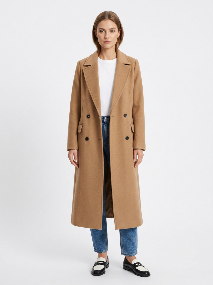 Camel wool-blend longline trench coat with a double-breasted front, notched lapels, and structured tailored fit.