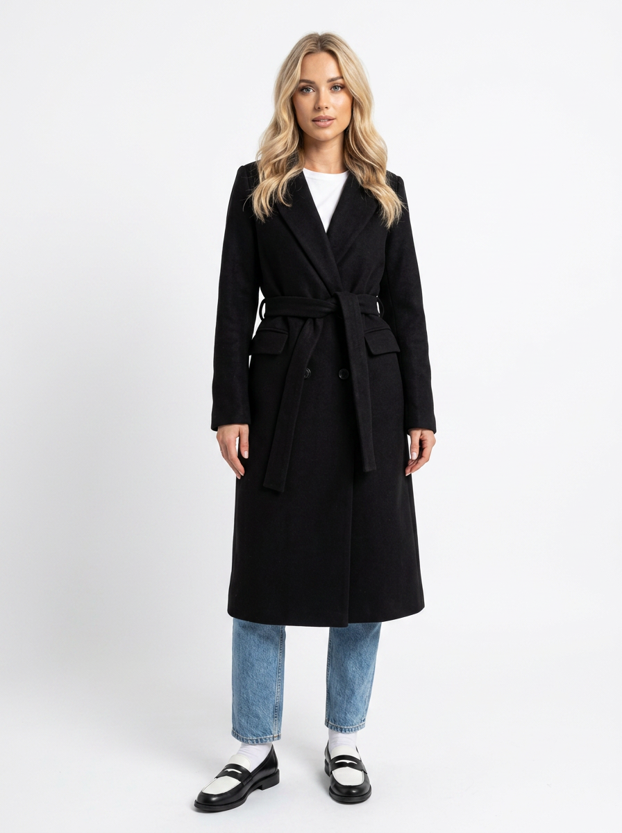 Black wool-blend longline trench coat with a belted waist, notched lapels, and double-breasted fit over blue jeans.